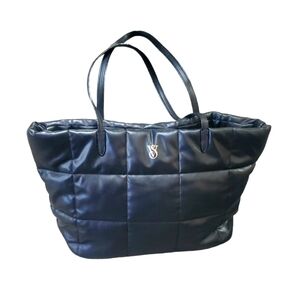 Victoria's Secret Quilted Puffer Black Tote Duffle Bag Faux Leather Pre-owned